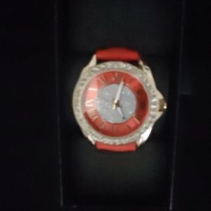 Brand New Red Leather Band w/Silver Crystals Watch
